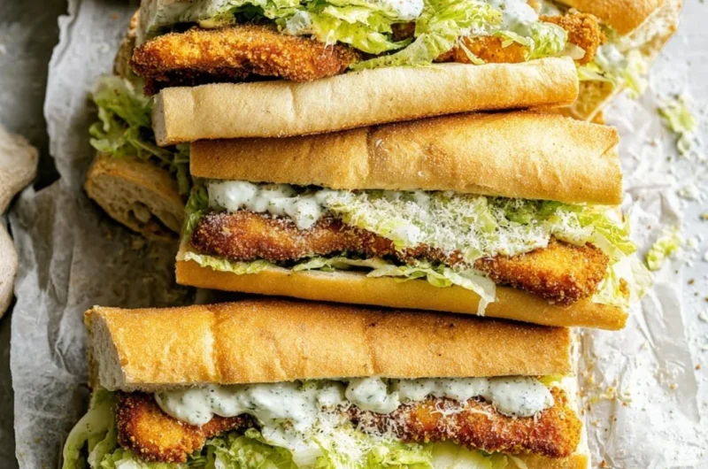 Chicken Caesar Sandwich with crispy chicken, Caesar salad, and Parmesan on soft bread