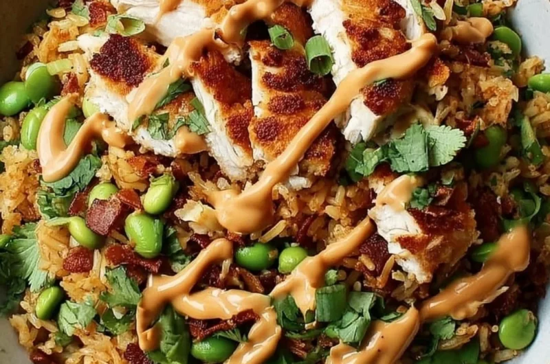 Delicious Chicken Crispy Rice Salad topped with creamy peanut dressing