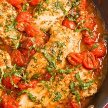 Delicious Chicken Pomodoro with tender chicken and rich tomato sauce served on a plate.