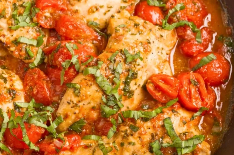 Delicious Chicken Pomodoro with tender chicken and rich tomato sauce served on a plate.