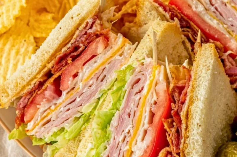 Delicious club sandwich with layers of turkey, bacon, lettuce, and tomato.