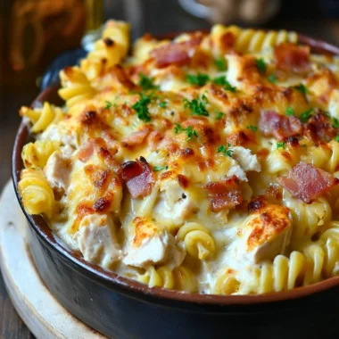 Delicious chicken pasta casserole topped with cheese and herbs in a baking dish