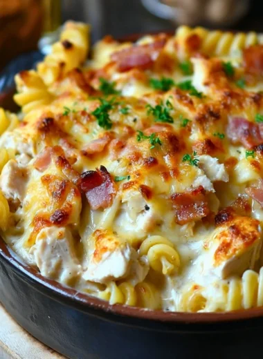 Delicious chicken pasta casserole topped with cheese and herbs in a baking dish