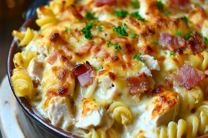 Delicious chicken pasta casserole topped with cheese and herbs in a baking dish