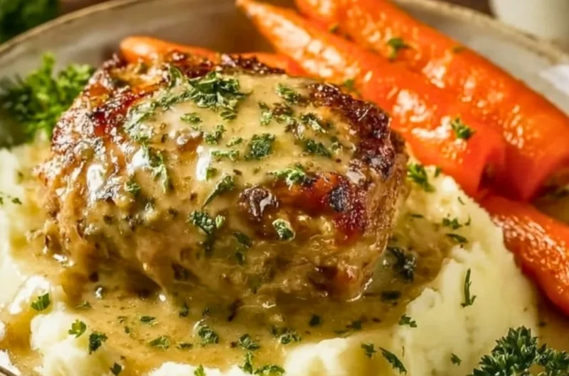Creamy herb chicken served with mashed potatoes and honey glazed carrots.