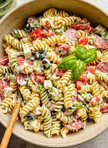 Creamy Italian pasta salad with fresh vegetables and dressing