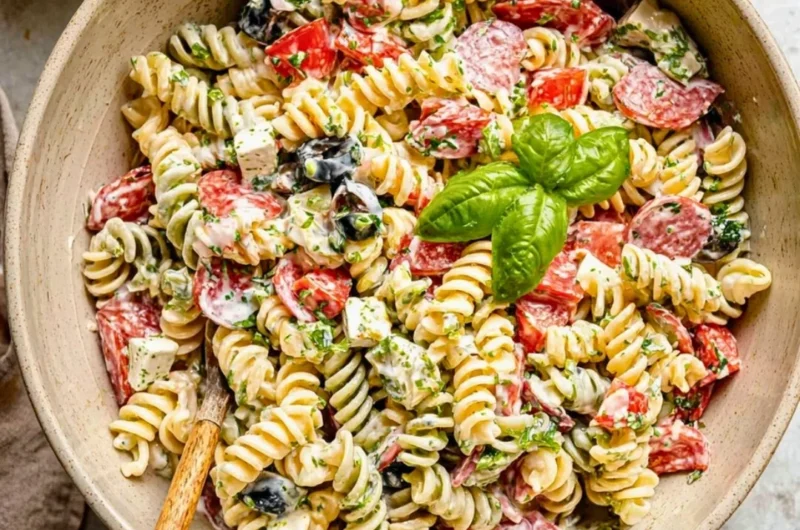 Creamy Italian pasta salad with fresh vegetables and dressing