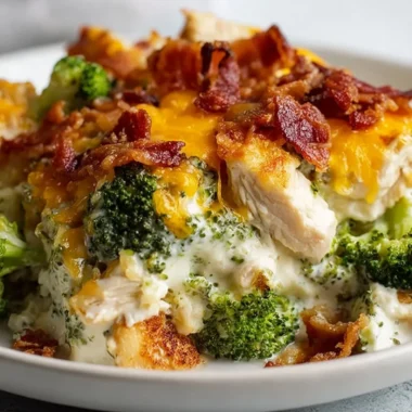 Delicious creamy low carb chicken casserole with broccoli and bacon
