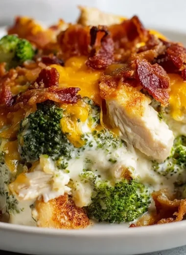 Delicious creamy low carb chicken casserole with broccoli and bacon