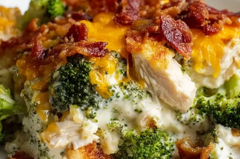 Delicious creamy low carb chicken casserole with broccoli and bacon