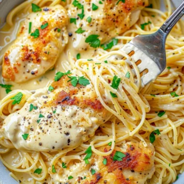 Delicious Crock Pot Angel Chicken recipe with creamy sauce over chicken breasts.