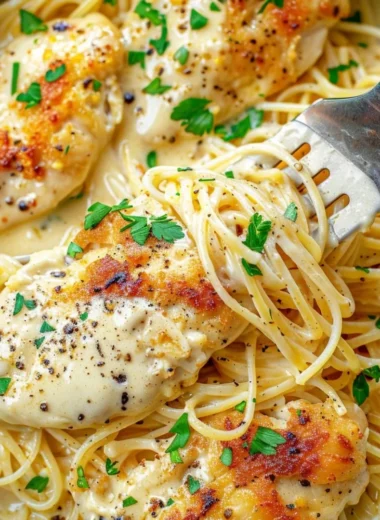 Delicious Crock Pot Angel Chicken recipe with creamy sauce over chicken breasts.