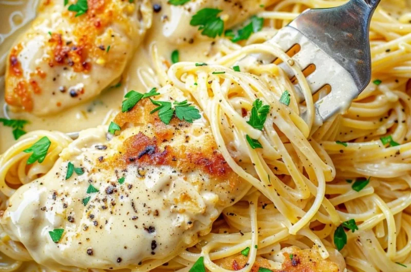 Delicious Crock Pot Angel Chicken recipe with creamy sauce over chicken breasts.