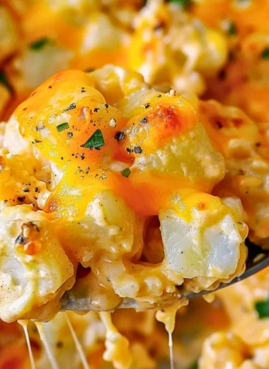 Delicious crock pot cheesy potatoes served in a bowl, creamy and cheesy texture.