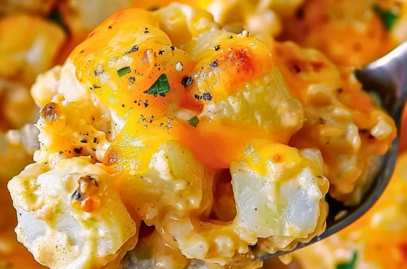 Delicious crock pot cheesy potatoes served in a bowl, creamy and cheesy texture.