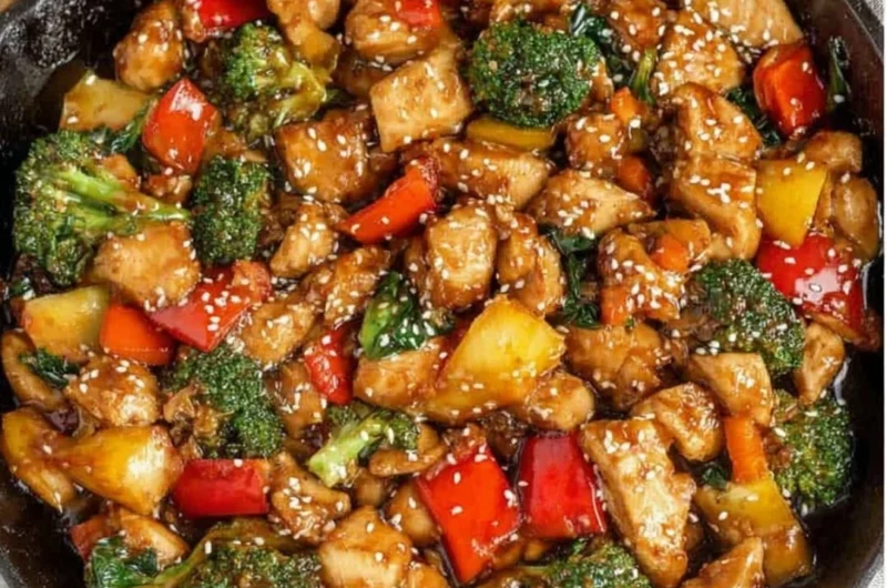 Easy chicken stir fry with colorful vegetables in a skillet