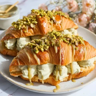 Delicious homemade easy pistachio croissants on a wooden table