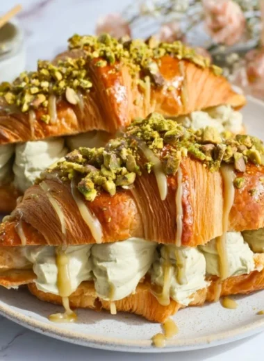 Delicious homemade easy pistachio croissants on a wooden table