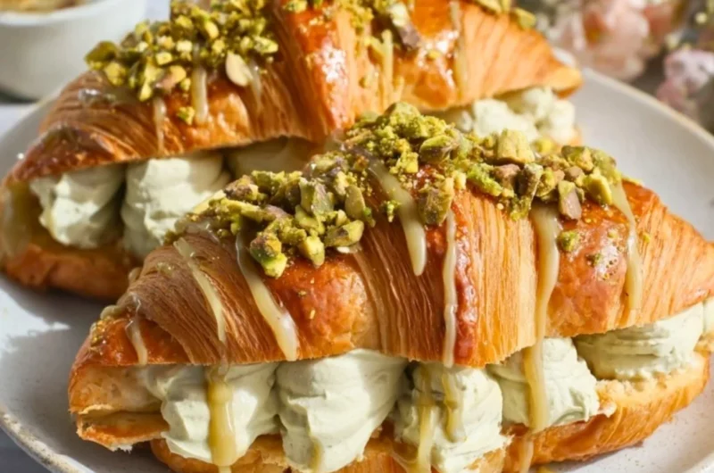 Delicious homemade easy pistachio croissants on a wooden table