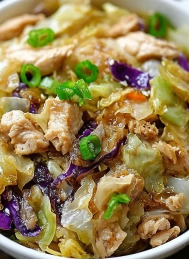 Chicken and cabbage egg roll bowls served in a bowl
