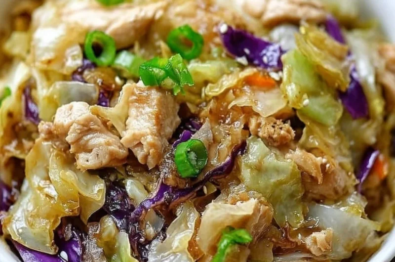 Chicken and cabbage egg roll bowls served in a bowl