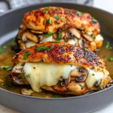 Delicious mushroom stuffed chicken breast garnished and ready to serve