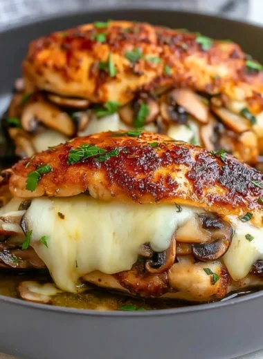 Delicious mushroom stuffed chicken breast garnished and ready to serve
