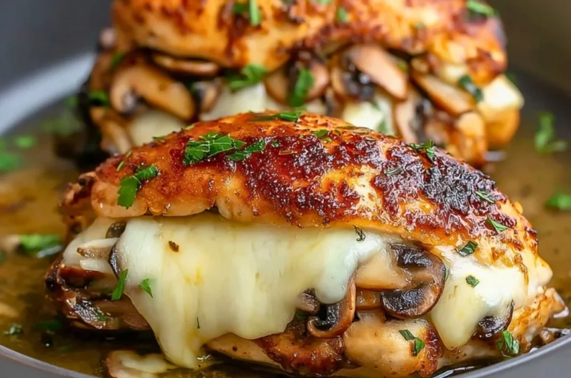 Delicious mushroom stuffed chicken breast garnished and ready to serve