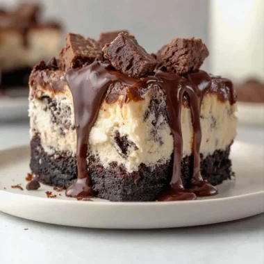Frozen brownie ice cream cake with chocolate drizzle and sprinkles