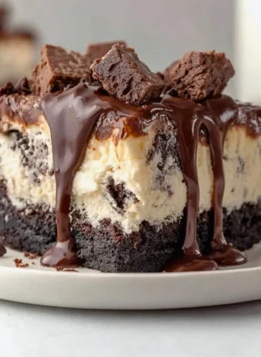 Frozen brownie ice cream cake with chocolate drizzle and sprinkles