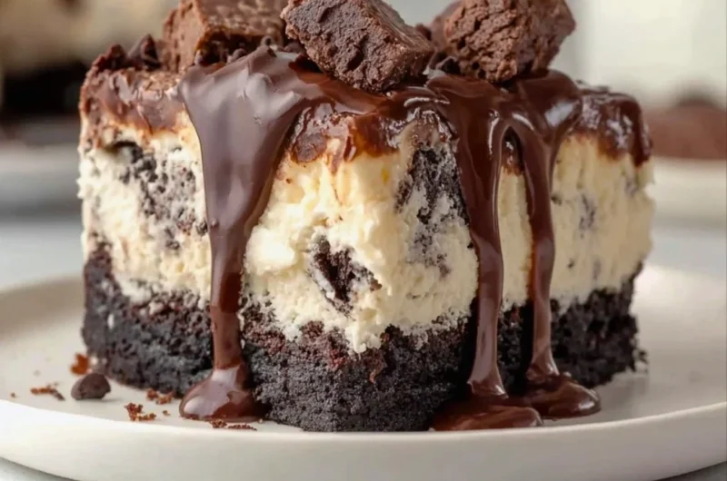 Frozen brownie ice cream cake with chocolate drizzle and sprinkles