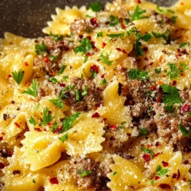 Delicious garlic butter bowtie pasta with ground beef served in a bowl.