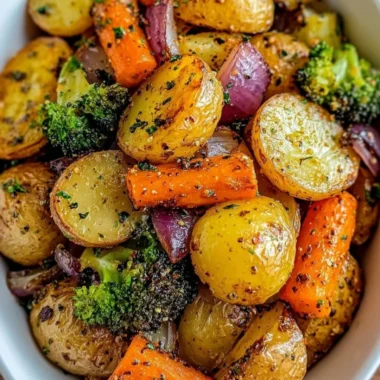 Garlic herb roasted potatoes and assorted veggies served in a bowl