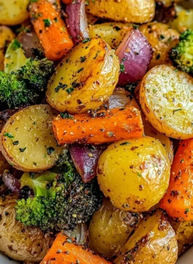Garlic herb roasted potatoes and assorted veggies served in a bowl