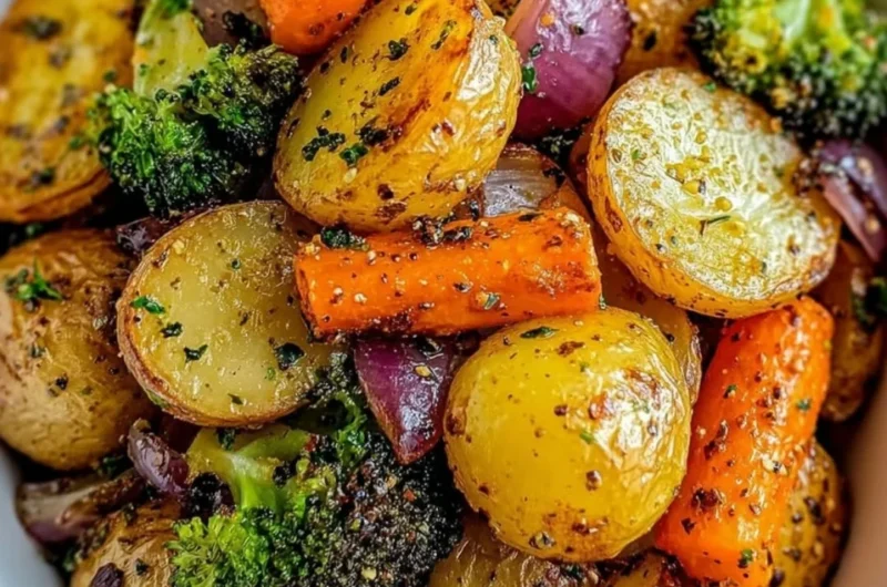 Garlic herb roasted potatoes and assorted veggies served in a bowl