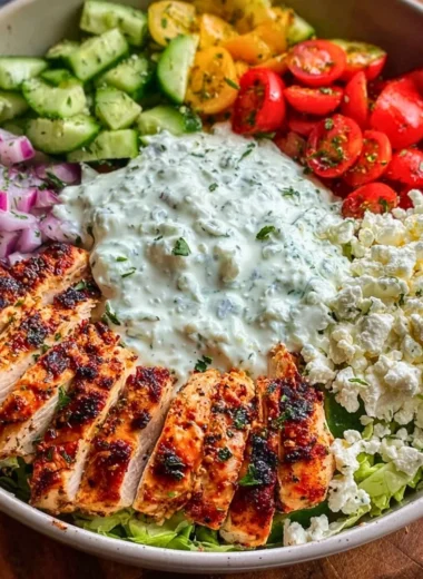 Delicious Greek Chicken Bowl with fresh vegetables and herbs