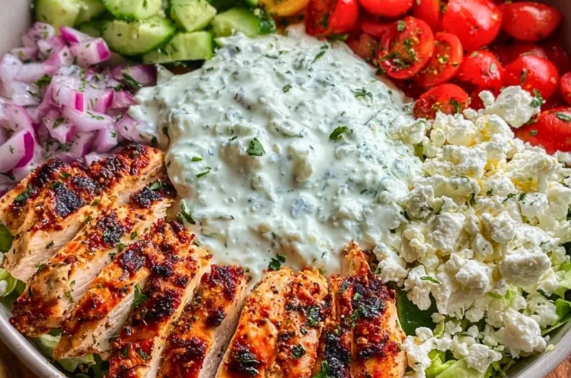 Delicious Greek Chicken Bowl with fresh vegetables and herbs