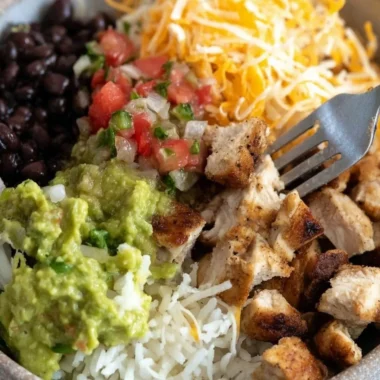 Grilled Chicken Burrito Bowl with Rice and Beans for a healthy meal
