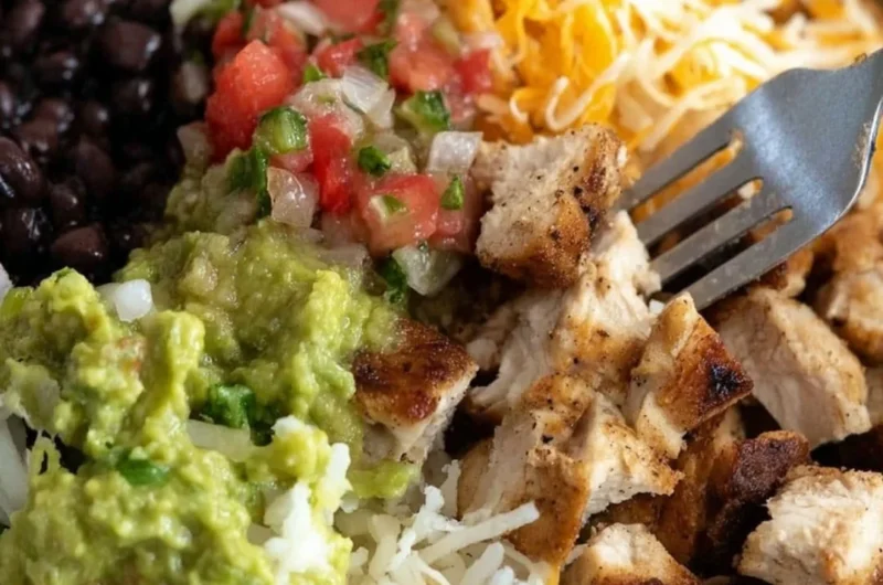 Grilled Chicken Burrito Bowl with Rice and Beans for a healthy meal