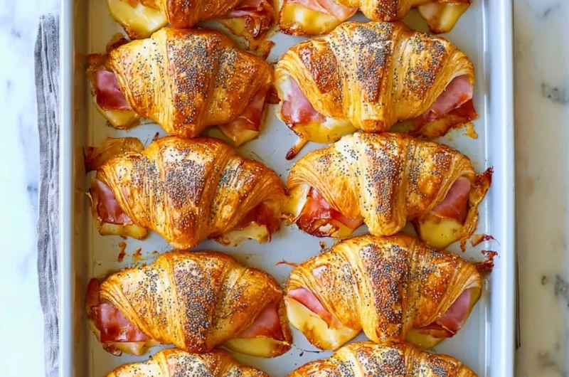 Ham and cheese mini croissant sandwiches on a platter