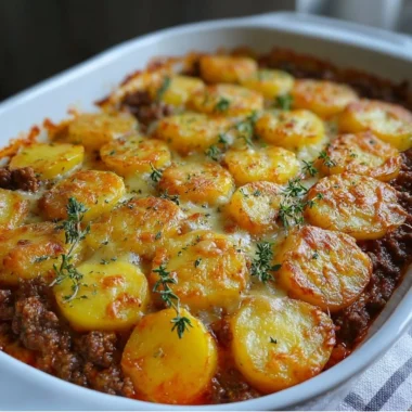 Delicious Hamburger Potato Casserole fresh from the oven, topped with melted cheese.