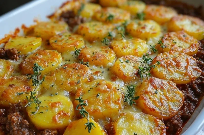 Delicious Hamburger Potato Casserole fresh from the oven, topped with melted cheese.