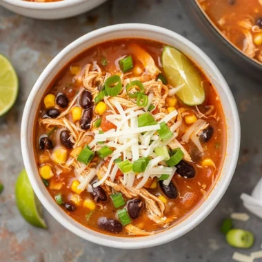High Protein Chicken Taco Soup in a bowl with toppings