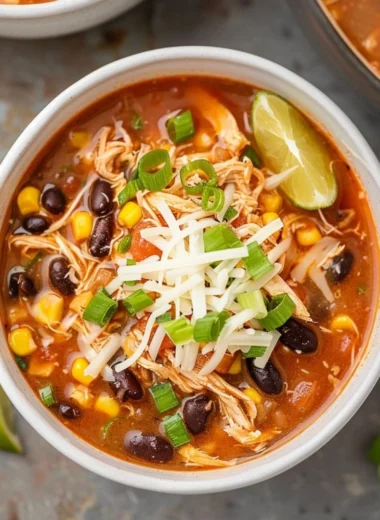 High Protein Chicken Taco Soup in a bowl with toppings