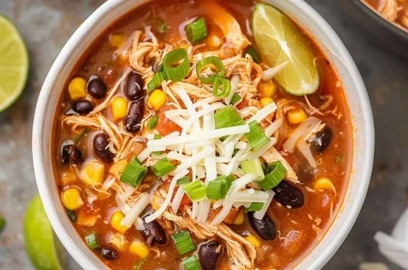 High Protein Chicken Taco Soup in a bowl with toppings