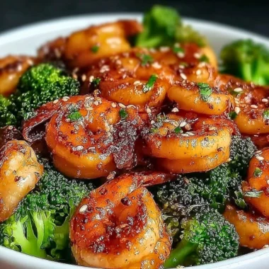 Plate of high-protein honey garlic shrimp garnished and ready to serve