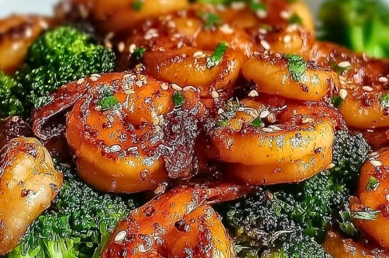 Plate of high-protein honey garlic shrimp garnished and ready to serve