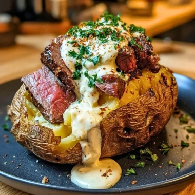 Loaded steak potatoes with savory cream sauce topped with fresh herbs