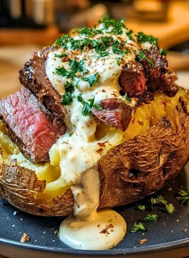 Loaded steak potatoes with savory cream sauce topped with fresh herbs