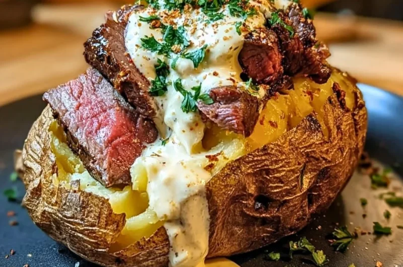 Loaded steak potatoes with savory cream sauce topped with fresh herbs